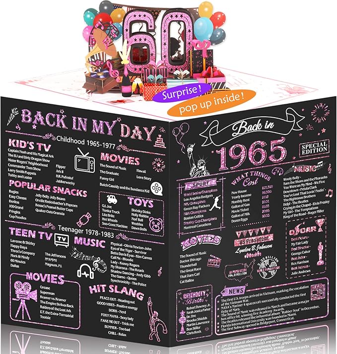 60th Birthday Card for Women, Jumbo 3D Pop Up 60th Birthday Gifts for Mom Grandma, Back In 1965 Happy 60 Year Old Sister Birthday Decorations Cards Card for Her, Rose Gold