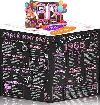 60th Birthday Card for Women, Jumbo 3D Pop Up 60th Birthday Gifts for Mom Grandma, Back In 1965 Happy 60 Year Old Sister Birthday Decorations Cards Card for Her, Rose Gold