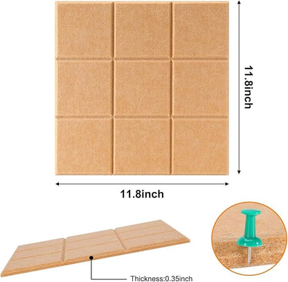 Bulletin Board 6 Pack Large Pin Board 11.8" x 11.8", Felt Board Tiles with 30 Push Pins Alternative to Cork Board for Wall Damage-Free, Self Adhesive Notice Board Memo Board for Home Office