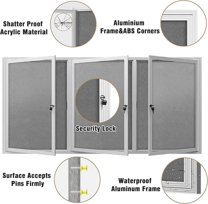 70"x34" Enclosed Bulletin Board, Outdoor Lockable Weather-Resistant Aluminum Cork Noticeboard for School & Office, Silver Frame w/Grey Flet