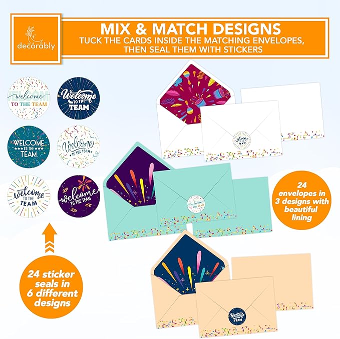 Decorably 24 Pack 6x4in Welcome To The Team Cards with Envelopes and Stickers, 6 Festive Designs Welcome Cards for New Employees, Blank Inside