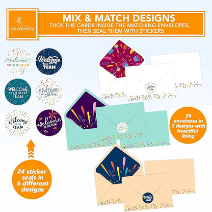 Decorably 24 Pack 6x4in Welcome To The Team Cards with Envelopes and Stickers, 6 Festive Designs Welcome Cards for New Employees, Blank Inside