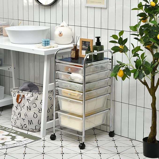 Julimoon 6 Drawers Rolling Storage Cart, 6-Tier Mobile Storage Drawers & Craft Organizers, Multipurpose Plastic Utility Cart with Wheels for Home, Office, Classroom & Garage (Clear)