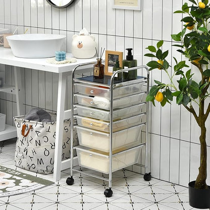 Julimoon 6 Drawers Rolling Storage Cart, 6-Tier Mobile Storage Drawers & Craft Organizers, Multipurpose Plastic Utility Cart with Wheels for Home, Office, Classroom & Garage (Clear)