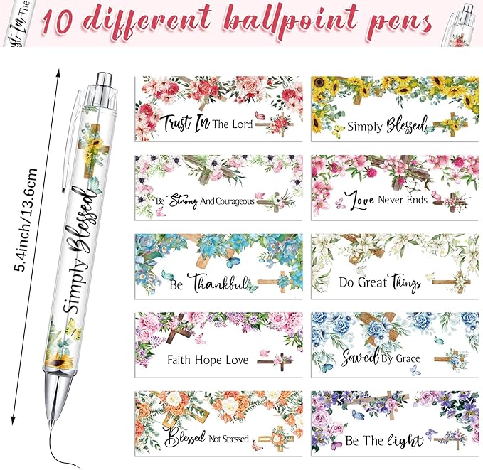 Tinlade 10 Pcs Christian Pens for Women Religious Ink Pens Easter Gifts Inspirational Quotes Bible Verse Ballpoint Funny Office Supplies for Women Men Coworker(Cross)