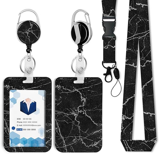 Black Marble Badge Holder with Retractable Reel and Breakaway Lanyard，Badge Clips Retractable Heavy Duty Badge Reel，Keychain，ID Holder with Breakaway Lanyard for School Nurse Office Teen…