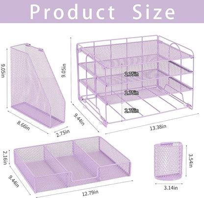 Desk Organizers and Accessories, Paper Letter Tray File Organizer with Drawer and 2 Pen Holder, Classroom Office Supplies Decor Desk Accessories Workspace Desktop Organizer for Women(Purple)