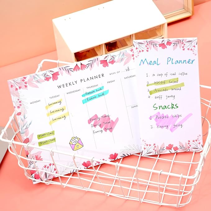 Weekly Planner Notepad Cute Set of 2 Undated Weekly Calendar Pad Tear Off 52 To Do List Notepad Weekly Desk Planner Planning Pads Memo Productivity Tracker for Work Goals Notes Schedule Ideas, Pink