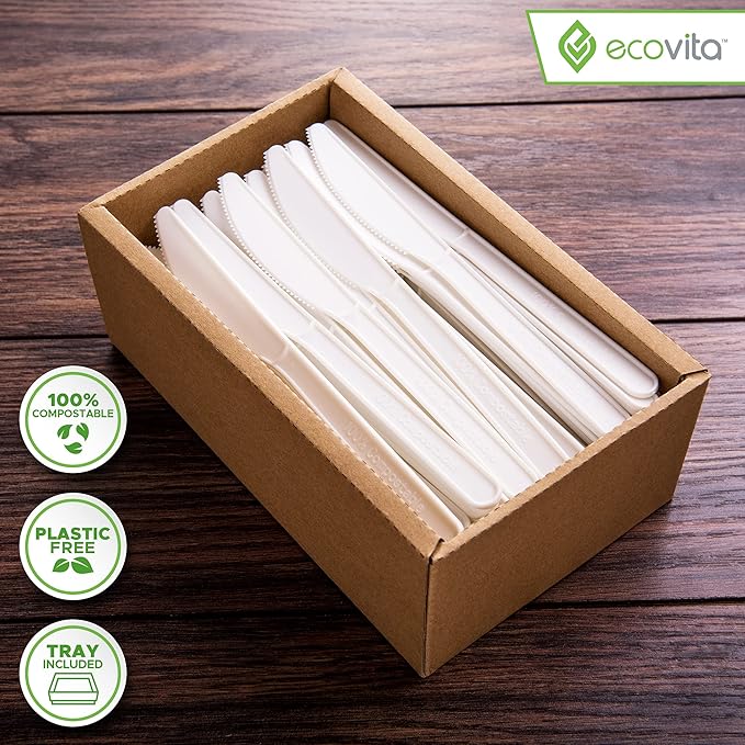 100% Compostable Knives - 140 Large Disposable Utensils (7 in.) Eco Friendly Durable and Heat Resistant Alternative to Plastic Knives with Convenient Tray