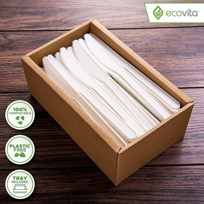 100% Compostable Knives - 140 Large Disposable Utensils (7 in.) Eco Friendly Durable and Heat Resistant Alternative to Plastic Knives with Convenient Tray