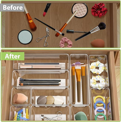 12 Piece Clear Drawer Organizer Set, 3 Sizes Bathroom Vanity Organizer Trays and Storage Bins for Makeup, Cosmetics, Jewelry, and Gadgets. Perfect for Office, Kitchen, Bedroom, Bathroom Use.
