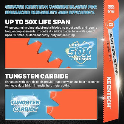 KEENTECH Carbide Sawzall Blades for Hard & Heavy Metal Cutting, 9 Inch 8 TPI, Heavy Duty Reciprocating Saw Blade with High Cutting Speed For Thick Metal, Cast Iron, Alloy Bolt, Stainless Steel, 3 Pack