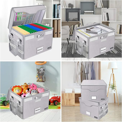 DocSafe File Box Fireproof Document Box with Lock,File Storage Organizer Box with Insert Pockets,Collapsible Portable Filing Box Home Office File Cabinet with Handle for Hanging Folder,Silver,2 Pack