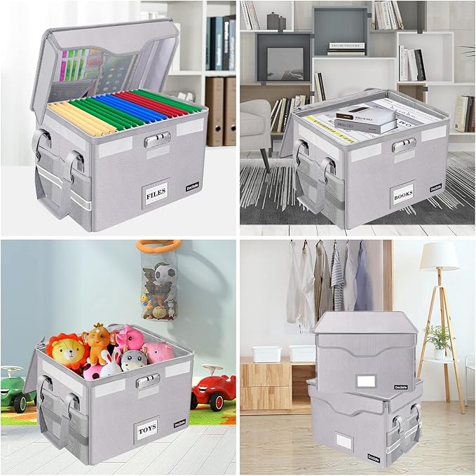 DocSafe File Box Fireproof Document Box with Lock, File Storage Organizer Box with Pockets,Collapsible Portable File Box Home Office File Cabinet with Handle for Hanging Letter/Legal Folder,Silver