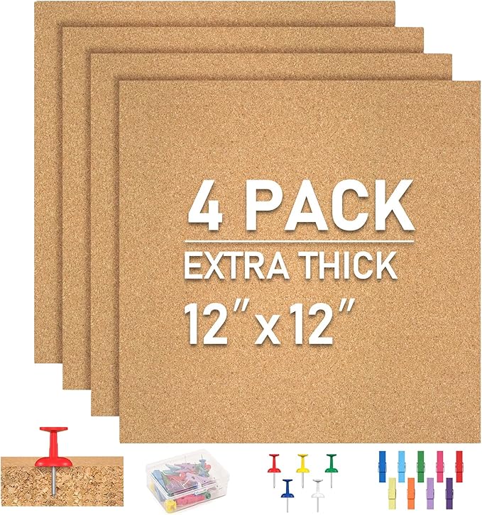 Cork Board Tiles - 4 Packs Adhesive Corkboards for Wall, Small Cork Board Squares Decorative for Office, School & Home