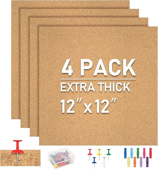 Cork Board Tiles - 4 Packs Adhesive Corkboards for Wall, Small Cork Board Squares Decorative for Office, School & Home