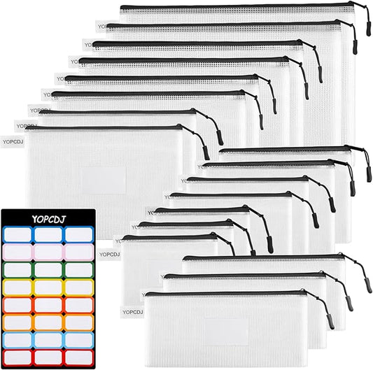 18 Pack 8 size Mesh zipper pouch bags, Zipper Bags with Label Pocket,File Bags for Classroom Organization,Zipper Pouches of office supplies,Puzzles, Board Game Storage