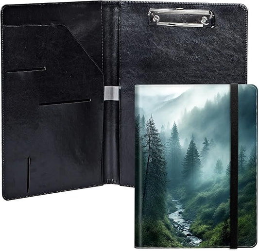 Forest in Rain PU Leather Padfolio Clipboard Notepad with Pen Loop and Elastic Strap Interview/Resume Document Organizer for Business School Office