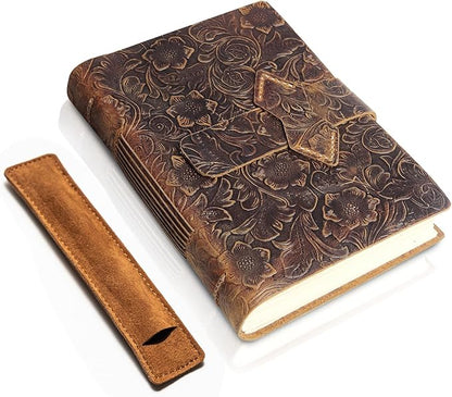 Leather Journal Notebook - Rustic Handmade Vintage Leather Bound Journals with Pencil Case for Men and Women - Leather Craft Unlined Paper 400 Pages, Leather Book Diary Notebook (8.6" x 6")