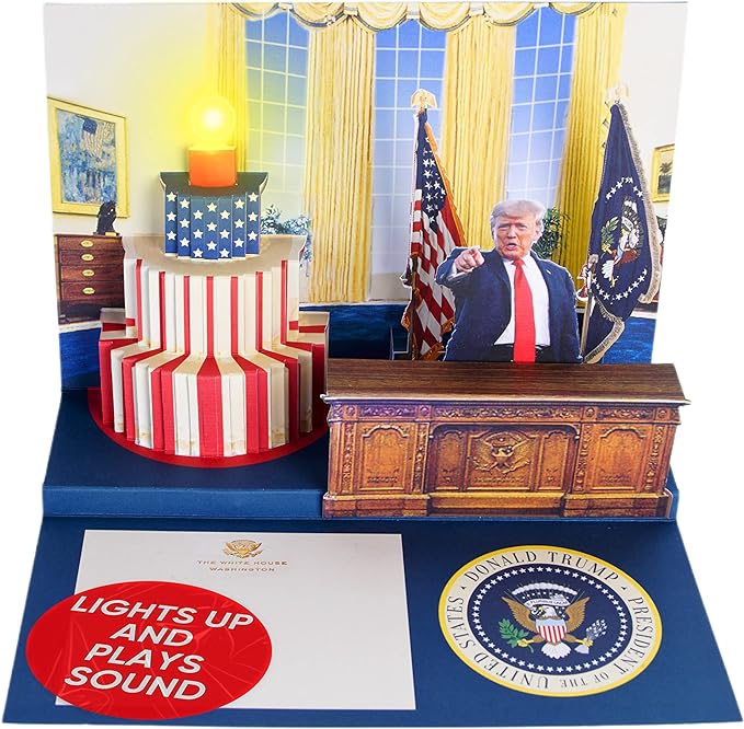 OUR FRIENDLY FOREST Pop Up Birthday Card with Light & Sound Features Real Donald Trump Voice Message for Men and Women, Parents, Couples (Cake)