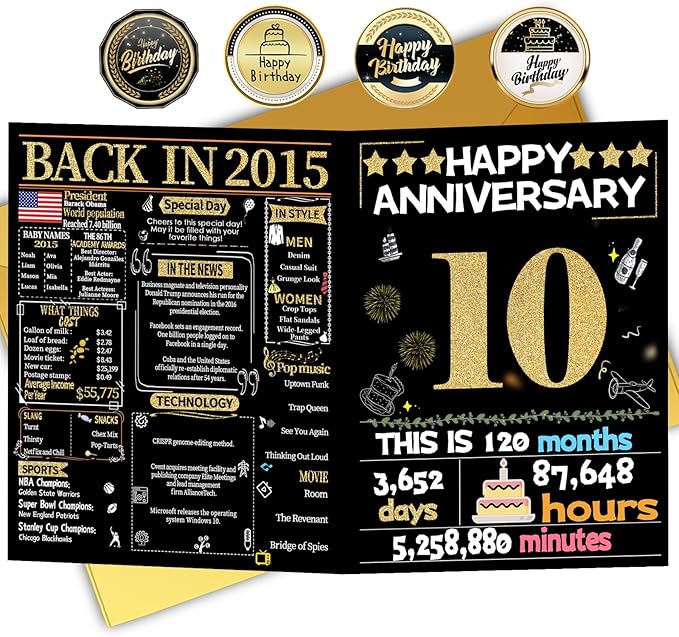 Joycard 10th Anniversary Card for Women Men, Gold Wedding Card for Wife Husband, Sweet Marriage Decorations Gifts for Couple, Perfect for Her Him on Anniversary Day, Tin Wedding Card, Back in 2015