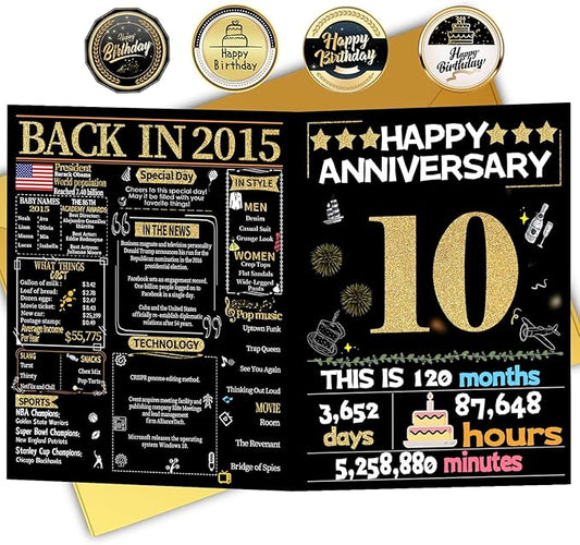 Joycard 10th Anniversary Card for Women Men, Gold Wedding Card for Wife Husband, Sweet Marriage Decorations Gifts for Couple, Perfect for Her Him on Anniversary Day, Tin Wedding Card, Back in 2015