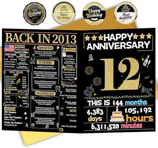 Joycard 12th Anniversary Card for Women Men, Gold Wedding Card for Wife Husband, Sweet Marriage Decorations Gifts for Couple, Perfect for Her Him on Anniversary Day, Back in 2013