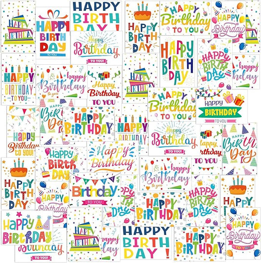 Harloon 200 Pack Happy Birthday Card Assorted Bulk with Blank Envelopes and Stickers 4 x 6 Inches Greeting Blank Happy Birthday Cards for Men Women Adults Kids, 20 Styles(Colorful Words)
