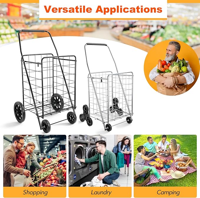 Wellmax 2-Pack Shopping Utility Cart with Stair Climber, Collapsible Folding Cart for Grocery, X-Large and Large (Black and Silver)