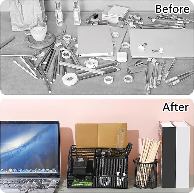 Black Office Desk Accessories Supplies, 12pcs Desk Organizers and Accessories with Tape dispenser and Stapler,Staples,Staple Remover,Pen Holder,Scissor,Ruler,Sticky Tabs,Tape,Ballpoint Pen,Clips Set