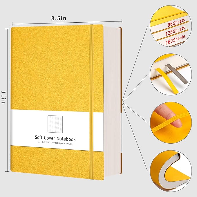 AHGXG Bullet Dotted Journal - Large A4 Notebook Dotted, 8.5''×11'', 320 Pages Dot Grid Notebook, 100gsm Thick Paper, Leather Softcover, with Journal Stencils, Inner Pocket - Yellow