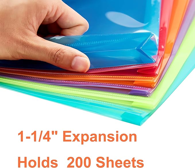 Plastic Legal Size Envelopes with String Tie Closure, 1-1/4" Expansion, Side Load, Clear File Folders Poly Project Paper Documents Organizer for Office School Home (Assorted Colors - 6 P)