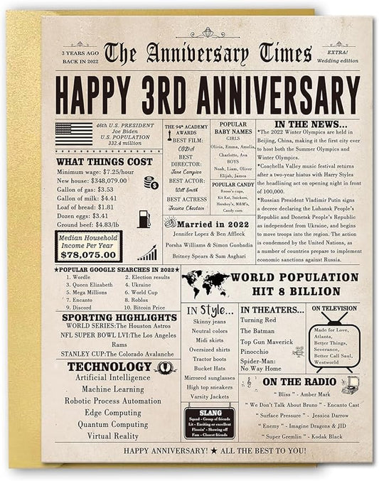 Jumbo 3rd Anniversary Card for Women Men, Romantic 3 Year Anniversary Cards Gifts for Girlfriend Boyfriend, Sweet Leather Anniversary Decoration for Husband Wife