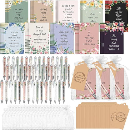 200 Pcs Bible Verse Sets Church Christian Gift Include 50 Scripture Notebooks 50 Bible Bamboo Pens 50 Thanks Tags 50 Organza Bags for Women Man Christian Party Gifts(Cute Color,Flower)