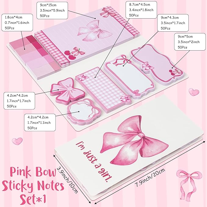 Coquette Pink Bow Sticky Notes Set - I’m Just A Girl Self-Stick Note Pads Bowknot Notepads Writing Memo Pad Page Marker Bookmarker Preppy Girly Stuff Back to School Office Supplies Gift