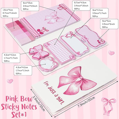 Coquette Pink Bow Sticky Notes Set - I’m Just A Girl Self-Stick Note Pads Bowknot Notepads Writing Memo Pad Page Marker Bookmarker Preppy Girly Stuff Back to School Office Supplies Gift
