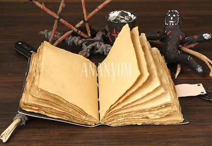 Handmade Leather Journal, Black, Sun & Moon Design, 7 x 5 Inch, 200 Unruled Pages, Hand Embossed, Deckle Edge Paper, Brass Clasp Lock, Vintage Notebook Diary, Sketchbook for Artists & Writers