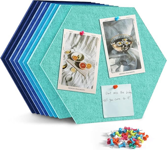 12" Large Bulletin Board with 30 Push Pins, Pack of 8 Hexagon Felt Pin Board Notice Boards for Home Office Kitchen, Felt Wall Tiles for Photos Memos (Dark Blue)