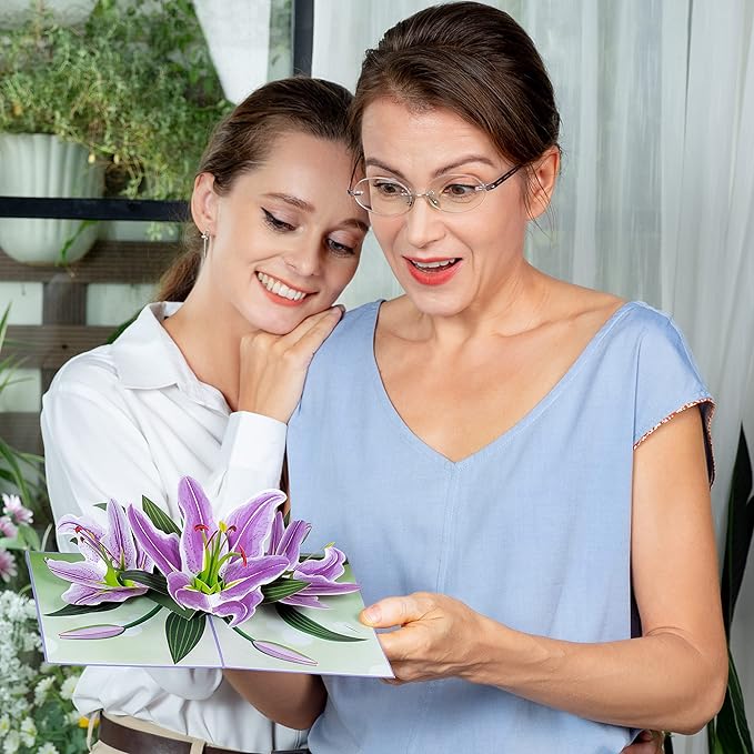 Paper Love 3D Purple Lilies Pop Up Card, Gift for Birthday, Wedding, Anniversary, Mothers Day, Thank You, Get Well, All Occasion or Just Because - 5" x 7" Cover - Includes Envelope and Note Tag