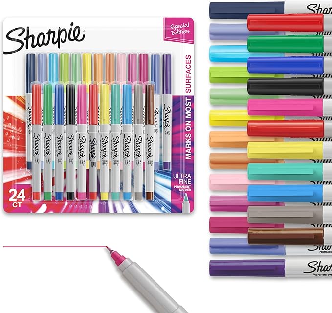 Sharpie Color Burst Permanent Marker Set, Ultra-Fine Tip Markers, Artist Markers, Writing Markers, Drawing Markers, Assorted Colors, 24 Count