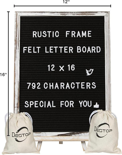 Felt Letter Board with Rustic Vintage Frame and Stand 12x16 inch,Black Changeable Letter and Message Board Includes 792 Letters, Numbers and Symbols, Hook to Hang, 2 Canvas Bags