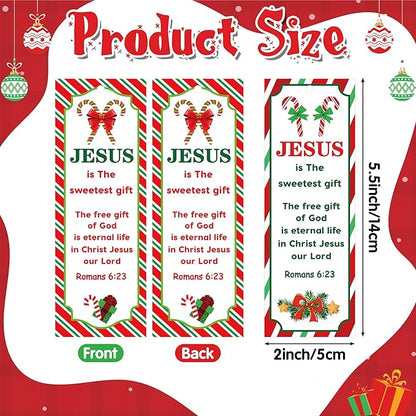 Haooryx Christmas Winter DIY Bookmarks - 240pcs Xmas DIY Bookmark Christmas Candy Cane Pattern Bookmarks Red Ribbons Christian Religious Christmas Bookmark Party Favor School Classroom Students Reward