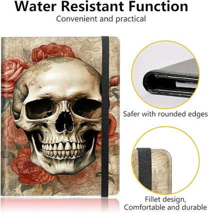 Skull Roses PU Leather Padfolio Clipboard Notepad with Pen Loop and Elastic Strap Interview/Resume Document Organizer for Business School Office