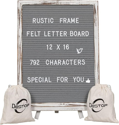 Felt Letter Board with Rustic Vintage Frame and Stand 12x16 inch,Grey Changeable Letter and Message Board Includes 792 Letters, Numbers and Symbols, Hook to Hang, 2 Canvas Bags
