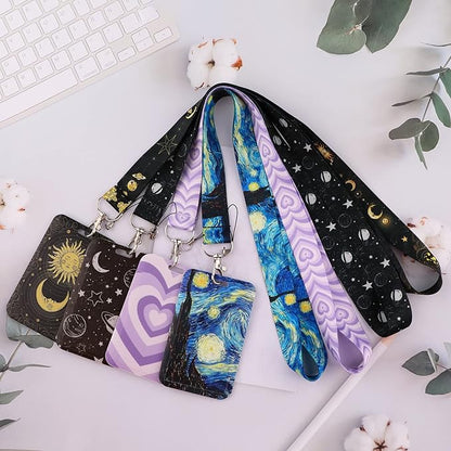 ID Badge Holder with Lanyard & Retractable Badge Reel Cute Key Lanyard for Women Men Girls for ID Badges Aesthetic Nurse Keychain Neck Lanyard for Keys, Cool Goth Moon Sun Reel Car Key Lanyard