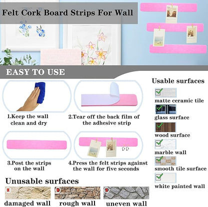 8Pcs Bulletin Board Strips,Pink Felt Pin Board Bar Strips with 50 Pushpins, Self-Adhesive Felt Cork Board Strips for Wall to Display Your Notes, Photos, Schedules, Announcements
