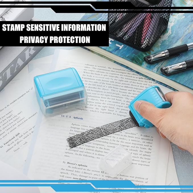 Nezyo 2 Pack Identity Protection Roller Stamp Identity Theft Stamp Confidential Roller Stamp Privacy Stamp Information Blocker Stamp and 4 Pack Refill Ink for ID Account Data Address Security(Blue)