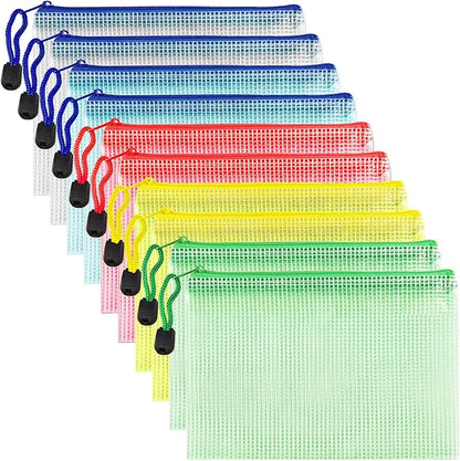 AUSTARK 10 Pcs Zipper File Bags, Waterproof Plastic Mesh Pouch for Office School, Board Game Storage Bags (B6 Size 7.6''x5.3'', Multicolored)
