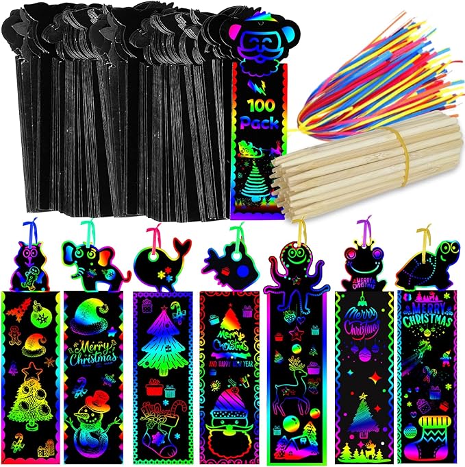 100Pcs Scratch Art Bookmarks Making Kit for Kids, Scratch Paper DIY Animal Bookmarks Bulk with 100 Pcs Ribbons and 100 Pcs Wood Stylus for Classroom Activities Craft Supplies Party Favors