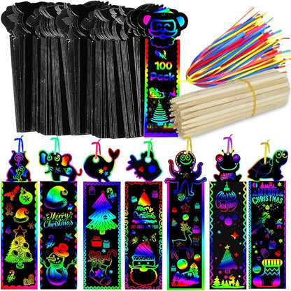100Pcs Scratch Art Bookmarks Making Kit for Kids, Scratch Paper DIY Animal Bookmarks Bulk with 100 Pcs Ribbons and 100 Pcs Wood Stylus for Classroom Activities Craft Supplies Party Favors